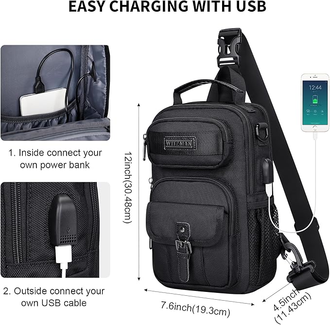 WITZMAN Sling Bag for Men Convertible Travel Sling Backpack USB Charging Port Lightweight Crossbody Bags Casual Daypack（B698 Black）