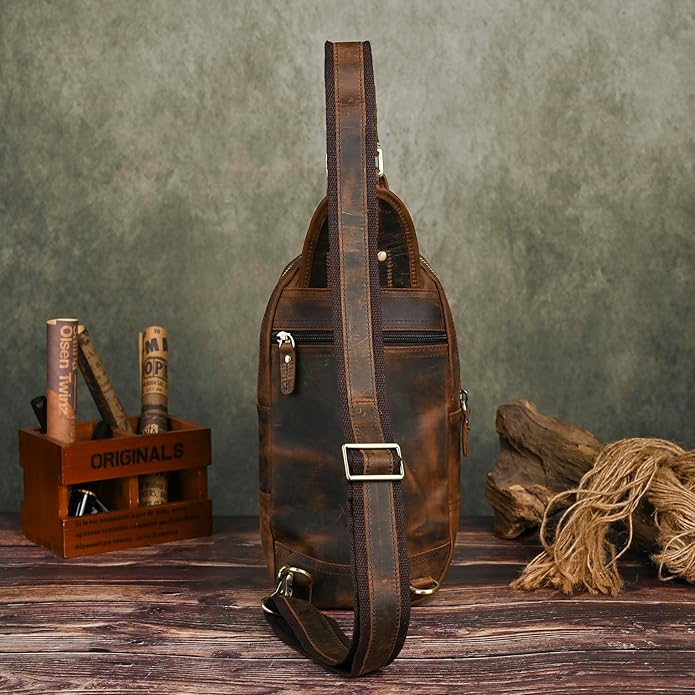 Thick Crazy horse Leather Triangle Crossbody Sling Chest Bag Travel One Shoulder Bag Daypack For Men Male 3028