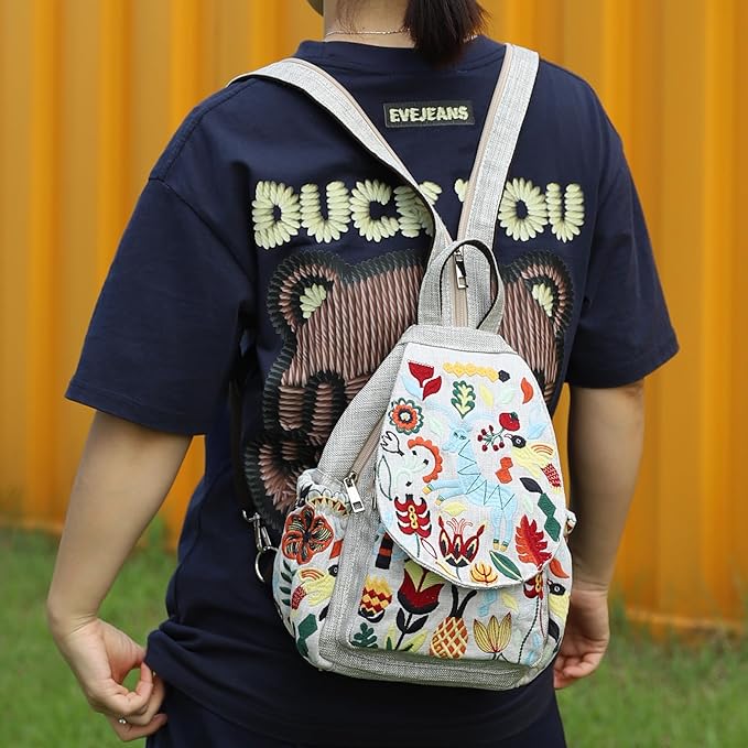 SILKAREA Vintage Embroidered Floral Ethnic Backpack for Women Handbag Shoulder Bag Mini Travel Purse (Embroidered White)