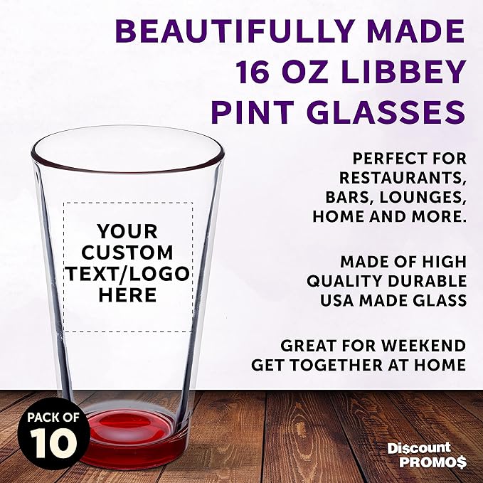 Custom Libbey Pint Glass 16 oz. Set of 10, Personalized Bulk Pack - Beer Glasses, Heavy Duty Drinkware - Red
