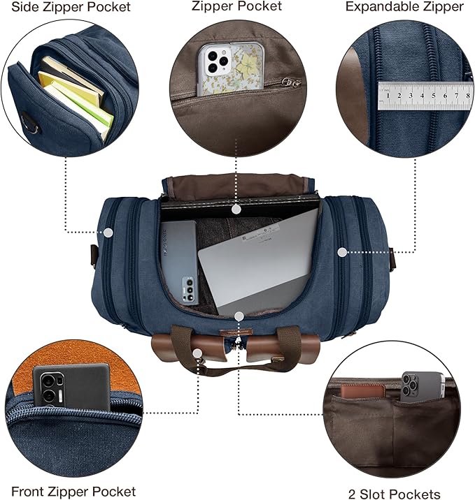 Wildroad 50L Travel Duffel Bag, Expandable Canvas Genuine Leather Duffle Bag Upgraded Overnight Weekender Carry on Bag (Navy Blue, Large-50L)