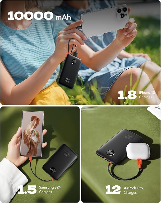 Slim Portable Charger 10000mAh, Travel Power Bank with Built-in USB-C Cable & LED Display, 22.5W Fast Charging Battery Pack Compatible with iPhone 16 15 Samsung S24 S23 -Black