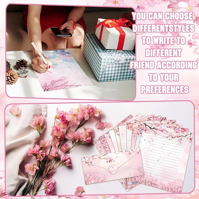 TaoBary 160 Pcs Stationery Paper Set 50 Double Sided Stationery Papers with 50 Matching Envelopes and 60 Round Dot Sticker, 10 Design(Cherry Blossom,8.5 x 11 Inch)