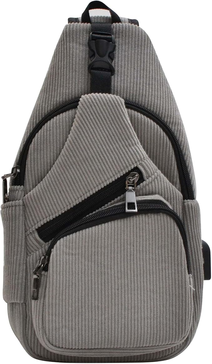 Anti-Theft Daypack Crossbody Sling Backpack, USB Charging, Lightweight Day Pack for Travel, Hiking, Everyday, Regular, Gray Corduroy