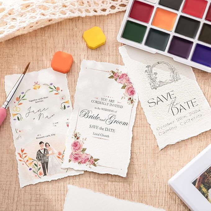 50 Sheets Deckled Edge Paper 2 x 3.5 inch, 160 GSM Handmade Paper Rough/Textured Watercolor Paper for Wedding Invitations, Cards, Crafts