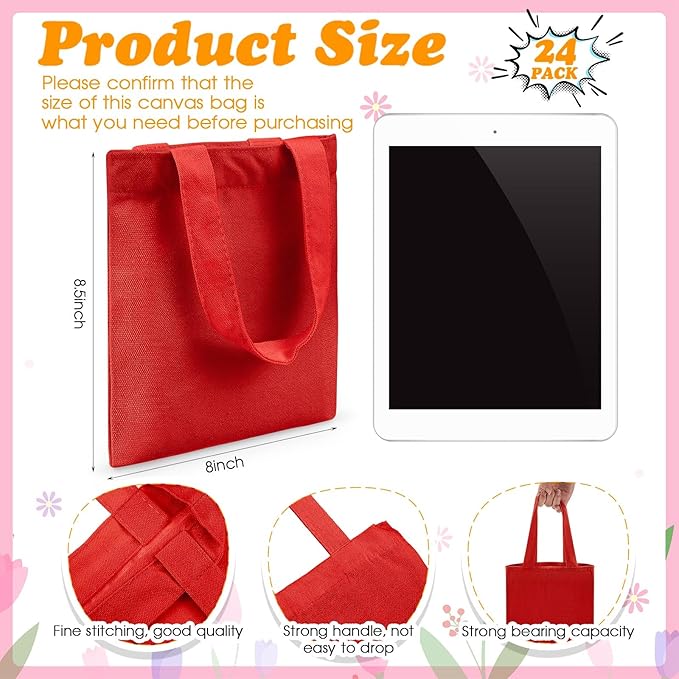Amylove 24 Pcs Mini Tote Bag Sublimation Blank Canvas Tote Bags Reusable Grocery Luggage DIY Sack Goody for Party Even (8.5 x 8 Inch,Red)