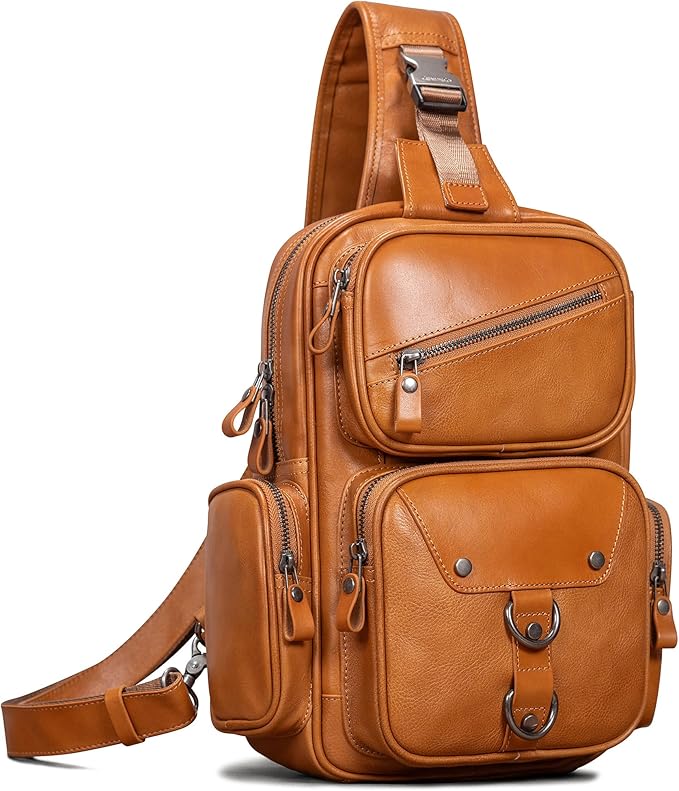 Genuine Leather Sling Bag for Men Large Crossbody Shoulder Bag Casual Sling Backpack Anti-Theft Travel Chest Purse