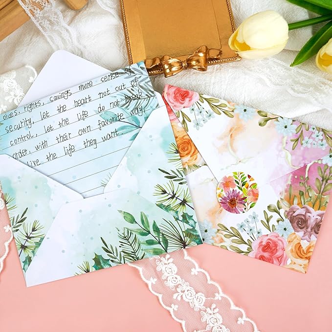 160 Pcs Stationery Paper Envelopes Set Includes 50 Lined Writing Paper & 50 Envelopes with 60 Colorful Round Dot Stickers, Cute Vintage Floral Letter Writing and Stationery Paper Envelopes(10Style)