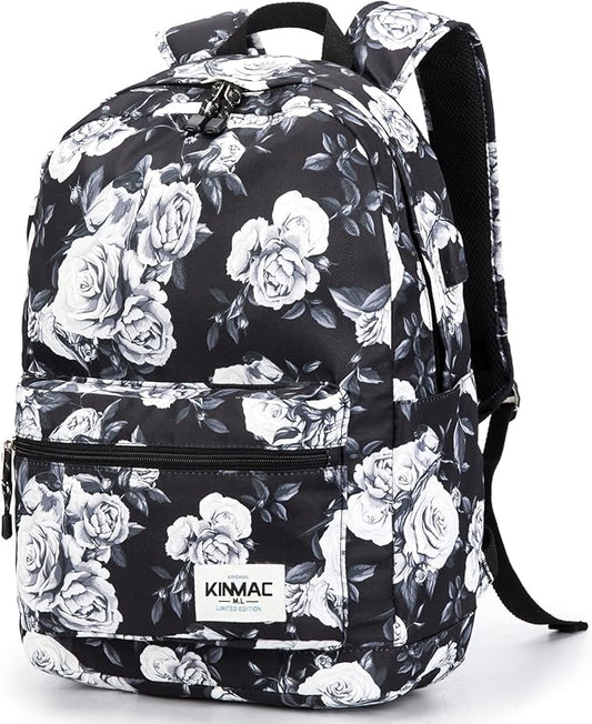 Kinmac White Rose Pattern 15 inch Waterproof Laptop Travel Outdoor Backpack With USB Charging Port For 13 inch 14 inch and 15.6 inch Laptop