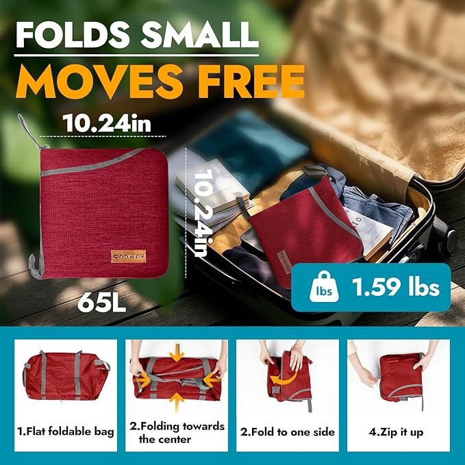 Canway 65L Travel Duffel Bag, Foldable Weekender Bag with Shoes Compartment for Men Women Water-proof & Tear Resistant