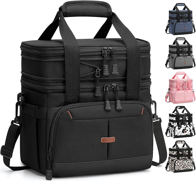 Lunch Box for Men Women Double Deck Insulated Lunch Bag for Men Woman Leakproof Expandable Cooler Bag with Adjustable Shoulder Strap for Work Picnic School(Black,16L)