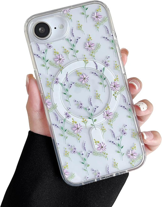 ZTOFERA for iPhone 16e Magnetic Case Compatible with Magsafe, Aesthetic Floral Pattern Design Cute for Girl Women,Anti-Drop Protective Hard Phone Cover for iPhone 16e-Purple Flower