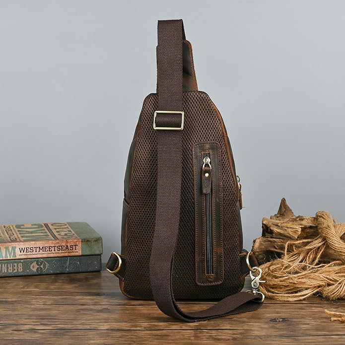 Thick Crazy horse Leather Triangle Crossbody Sling Chest Bag Travel One Shoulder Bag Daypack For Men Male 3028