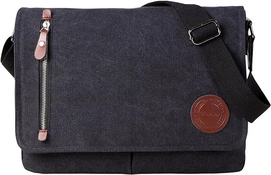 Vintage Canvas Satchel Messenger Bag for Men Women,Travel Shoulder bag 13.5" Laptop Bags Bookbag (Black)