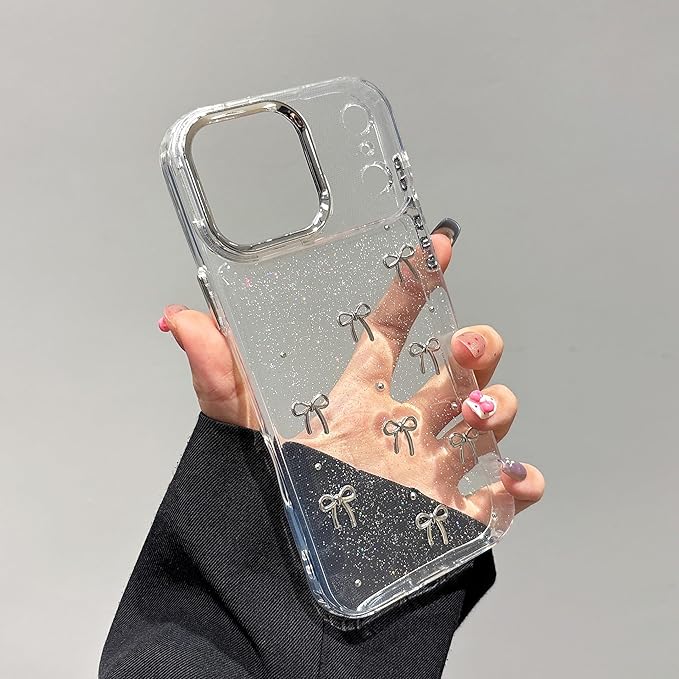 EYZUTAK Case for iPhone 17 Pro, Bling Glitter 3D Bowknot Phone Case Cute Sparkly Crystal Clear Bow Aesthetic Design Cover Slim Soft Durable TPU Transparent Protective Cover for Women Girls - Bow