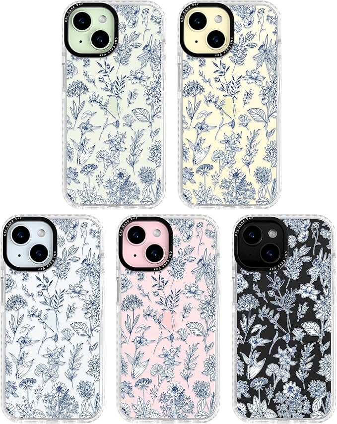 for iPhone 15 Plus Case, Vintage Botanical Pattern with Blue Flowers, Military-Grade Drop Protection, Cute Soft Slim TPU Protective Cover with Camera Lens Protection for Women & Girls