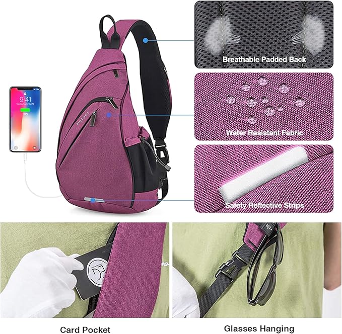 mixi Sling Bag Men Backpack Unisex One Shoulder Bag Hiking Travel Backpack Crossbody with USB Port for Men Women Versatile Casual Daypack-17 inch,Purple