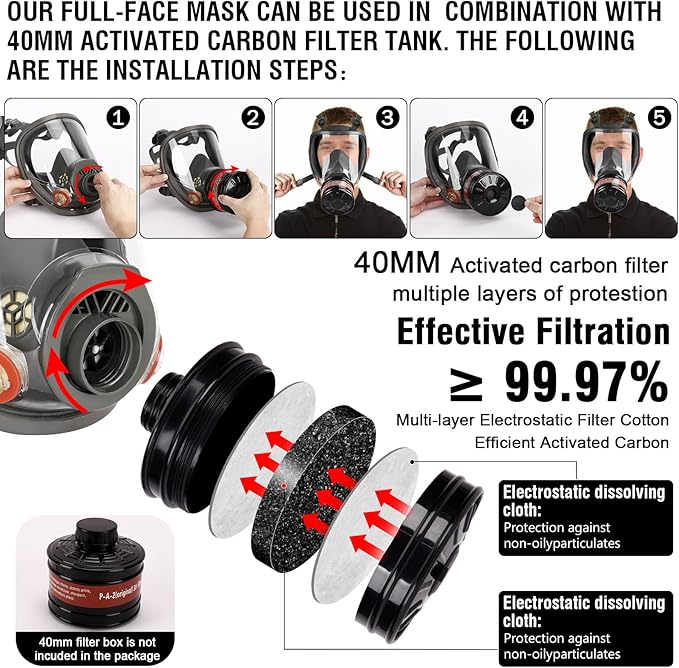 Gas Masks Survival Nuclear and Chemical - Reusable Full Face Respirator Gas Mask with Activated Carbon Filter