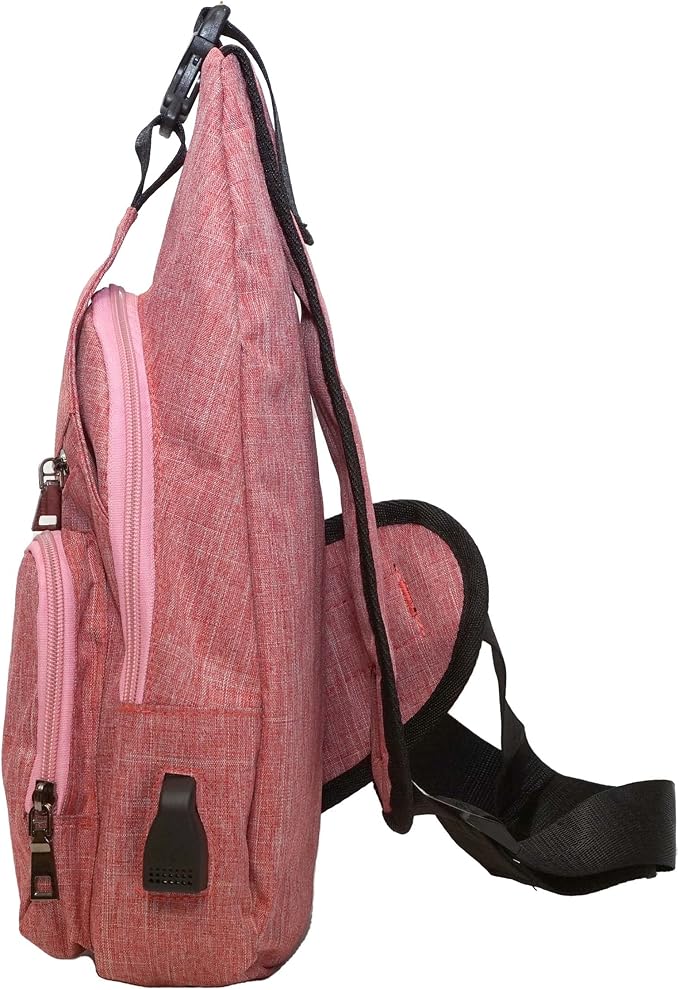 Anti-Theft Daypack Crossbody Sling Backpack, USB Charging Connector Port, Lightweight Day Pack for Travel, Hiking, Everyday, Large, Rose