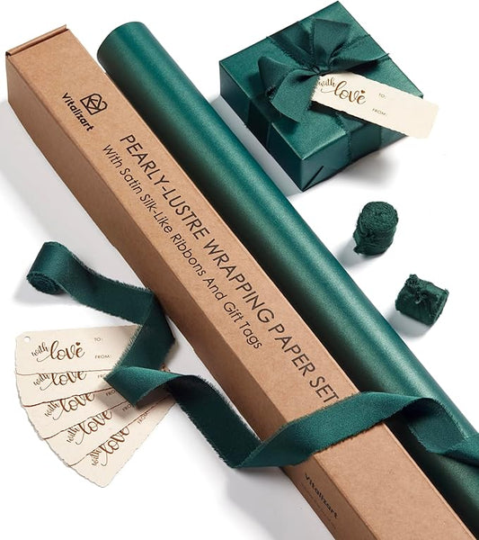 Vitalizart Green Wrapping Paper Set 30" Pearly-Lustre With Silk Like Satin Ribbon & Gift Tags Recyclable Eco-Friendly Christmas Gift Wrapping Birthday Baby Shower Wedding Handmade Crafts 197"(16.4 Ft)