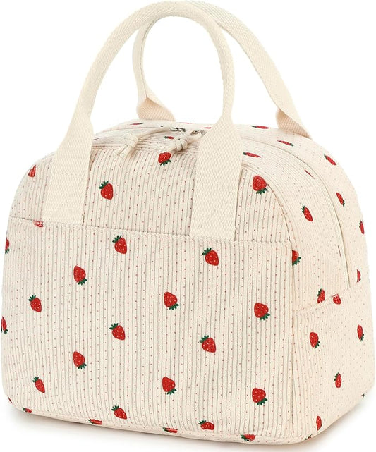 Insulated Strawberry Lunch Bag for Women, Stylish Corduroy Tote with Aluminum Lining, Large Capacity Reusable Cooler for Work, Travel, Beach or Picnic, Beige Cream Water-Resistant Lunch Box