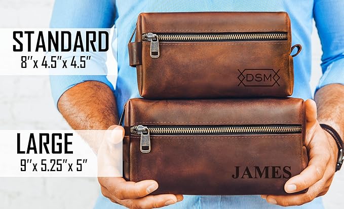 Mens Waterproof Toiletry Bag – Crafted in USA – Ideal Gift for Husband, Dad, Groomsmen, Boyfriend & Friend – Genuine Leather Toiletry Bag Customized Name or Initials – Personalized Travel Bag for Men