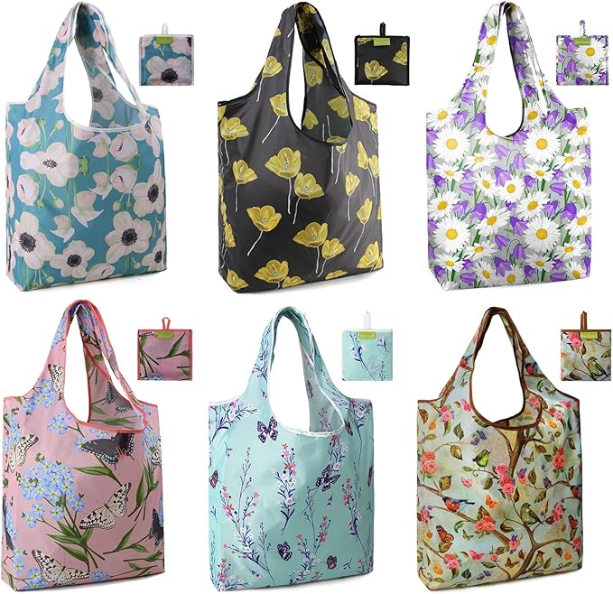 BeeGreen Reusable Gift Bags Floral Reusable Grocery Bags - Large Capacity 6 Pack Bulk Foldable Tote Bag - Recycled Ripstop Polyester Machine Washable Bags With Handles for Women Shopping