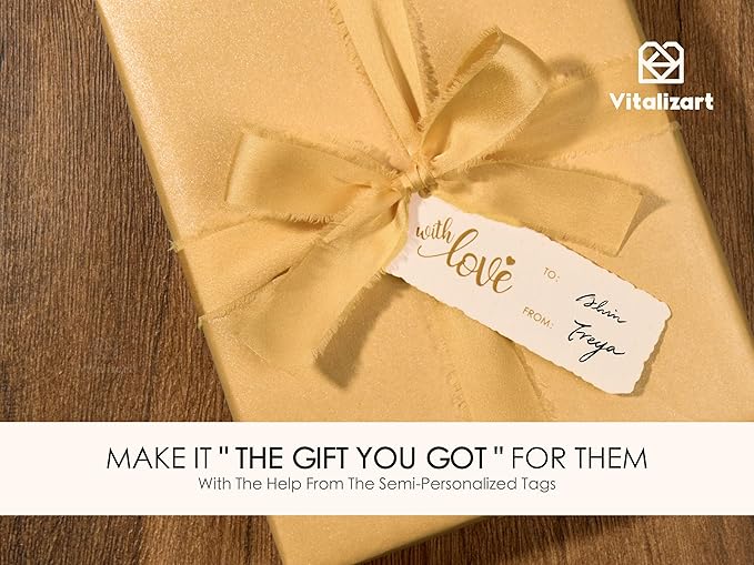 Vitalizart Gold Wrapping Paper Set 17" Pearly-Lustre With Silk Like Satin Ribbon & Gift Tags Recyclable Eco-Friendly Christmas Gift Wrapping Birthday Baby Shower Wedding Handmade Crafts 197"(16.4 Ft)