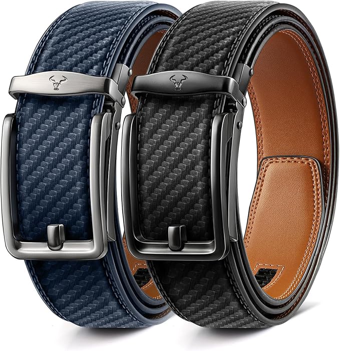 BULLIANT Men Ratchet Belt 2 Pack, Click Sliding Leather Belt Adjustable for Gift Men Dress Casual Jeans 1 3/8,Cut for Fit