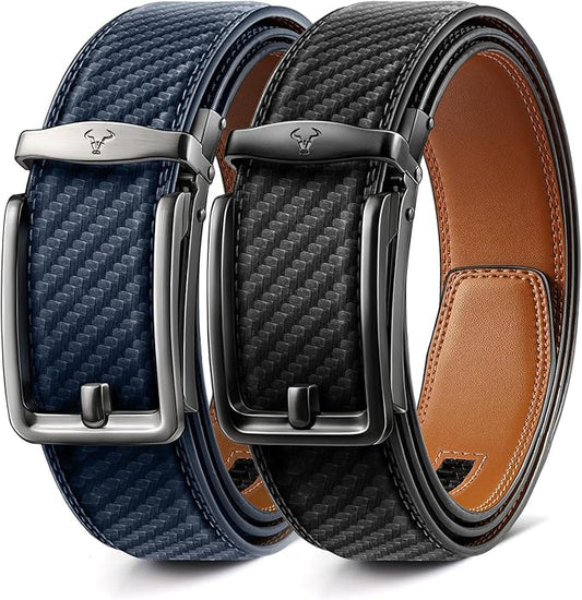 BULLIANT Men Ratchet Belt 2 Pack, Click Sliding Leather Belt Adjustable for Gift Men Dress Casual Jeans 1 3/8,Cut for Fit