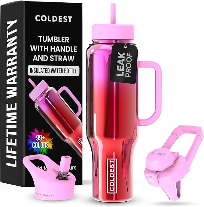 Coldest Tumbler with Handle and Straw - 100% Spill Proof Tumbler with Straw (3 Lids) - Stainless Steel Insulated Leakproof Tumblers for Women & Men - Cup Holder Friendly - 46 oz (Tulip Nova)