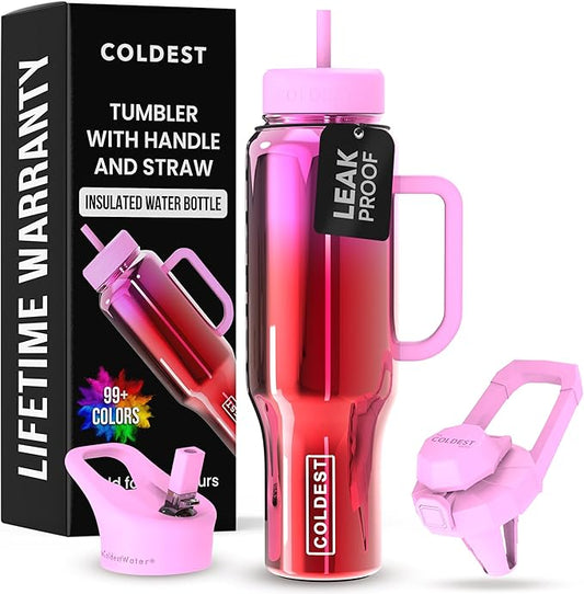 Coldest Tumbler with Handle and Straw - 100% Spill Proof Tumbler with Straw (3 Lids) - Stainless Steel Insulated Leakproof Tumblers for Women & Men - Cup Holder Friendly - 46 oz (Tulip Nova)