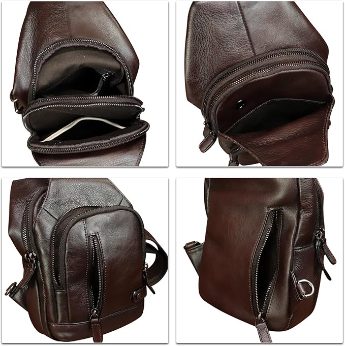 IVTG Genuine Leather Sling Bag Vintage Crossbody Shoulder Bag Handmade Casual Backpack Fanny Purse Chest Bag (Coffee)