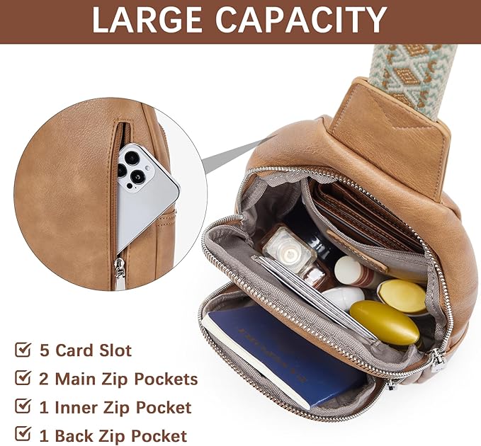 BOSTANTEN Sling Bag for Women Leather Crossbody Bag Vintage Cross Body Purse for Travel with Guitar Strap, Bohemian Style