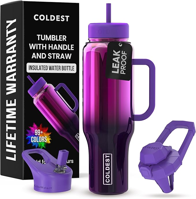 Coldest Tumbler with Handle and Straw - 100% Spill Proof Tumbler with Straw (3 Lids) - Stainless Steel Insulated Leakproof Tumblers for Women & Men - Cup Holder Friendly - 46 oz (Purple Nova)