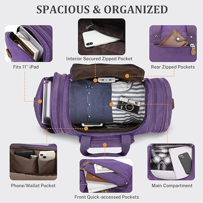 Gonex Canvas Duffle Bag for Travel 50L Expandable Duffel Weekend Overnight Bag (Purple)