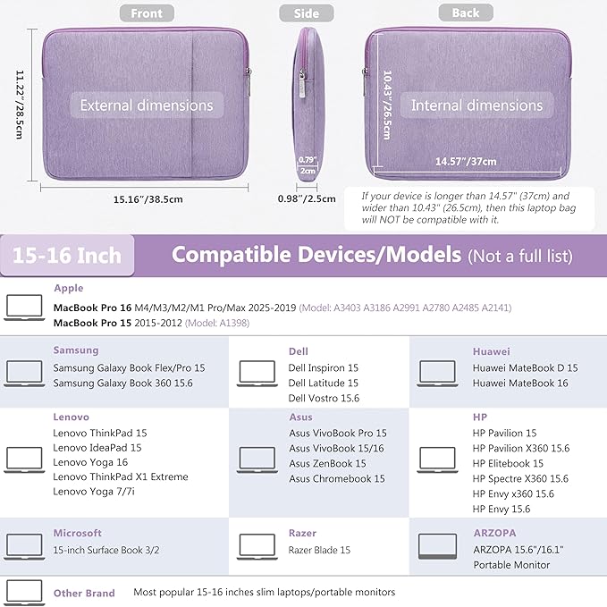 HYZUO 15-16 Inch Laptop Sleeve Bag Set for MacBook Pro 16 M4/M3/M2/M1 Pro/Max, 15" Surface Book, Notebook Case for 15" 15.6" HP Dell Lenovo ThinkBook Asus Acer Samsung Huawei, Lilac Purple