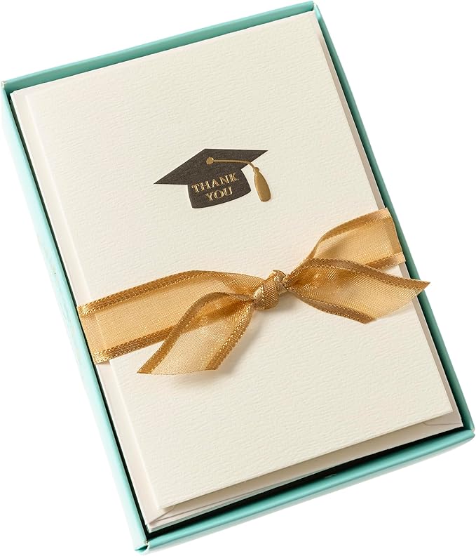 Graphique Grad Cap La Petite Presse Boxed Notecards, 10 Embellished Gold Foil Blank Cards with Matching Envelopes and Storage Box, 3.25" x 4.75"