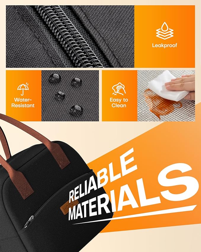 HOTOR Lunch Bag for Women & Men - Wear-Resistant & Leak-Proof Insulated Lunch Box with Large Capacity, Multi-Functional Cooler Bag for Office, Picnic, Black, 12L, 12.20" x 6.30" x 10.20"