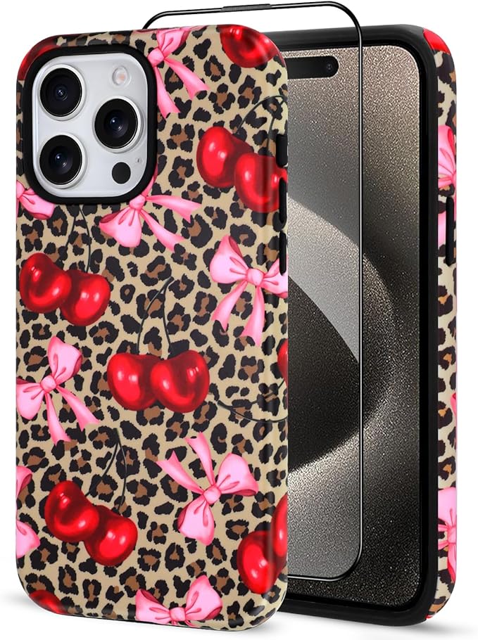 SOKAD Magnetic Cherry Bow Phone Case for iPhone 15 Pro Max, Cute Cherry Pink Bow Vintage Leopard Pattern Compatible with Magsafe Matte Protective Case Cover with Screen Protector for Girls Women