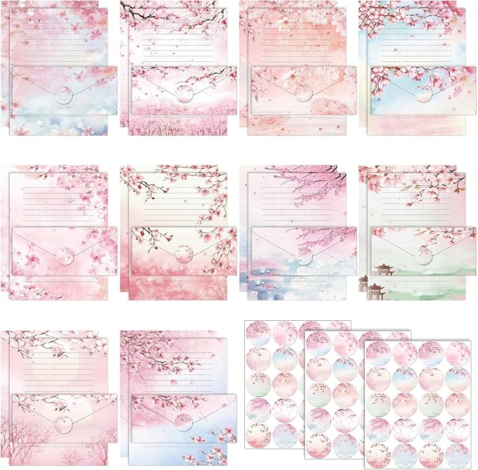 TaoBary 160 Pcs Stationery Paper Set 50 Double Sided Stationery Papers with 50 Matching Envelopes and 60 Round Dot Sticker, 10 Design(Cherry Blossom,8.5 x 11 Inch)