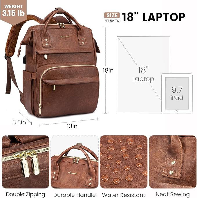 LOVEVOOK Leather Laptop Backpack for Women 18 inch,Travel Backpack Purse Nurse Teacher Computer Bag,Professional College Business Work Bags Carry On with USB Port,Red Brown