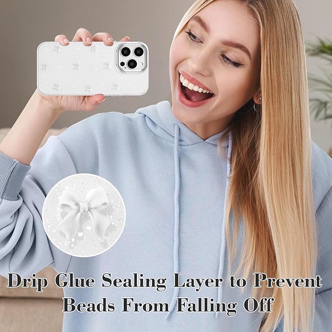 EYZUTAK Case for iPhone 14 Pro Max, Bling Glitter 3D Bowknot Phone Case Cute Sparkly Crystal Clear Bow Aesthetic Design Case Slim Soft Durable TPU Transparent Protective Cover for Women Girl-White Bow