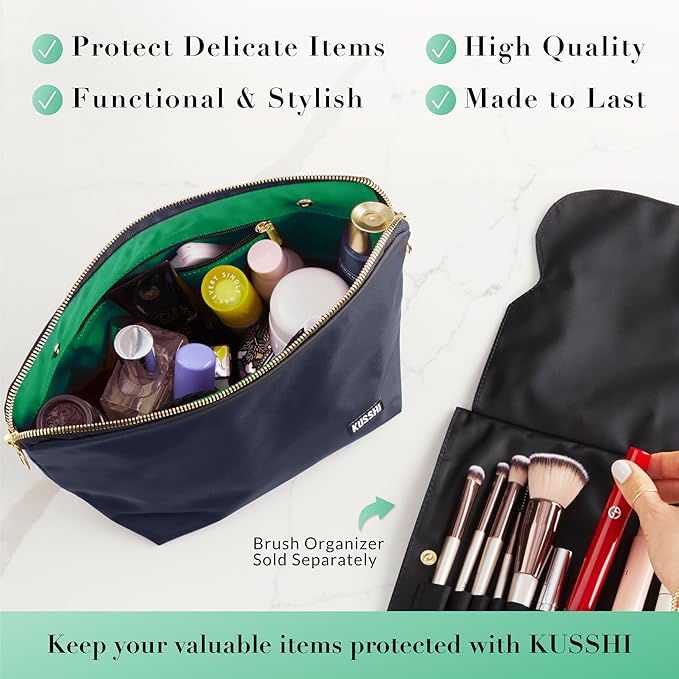 KUSSHI Washable Travel Makeup & Cosmetic Bag - Brush Organizer Sold Separately (Signature, Navy/Mint)