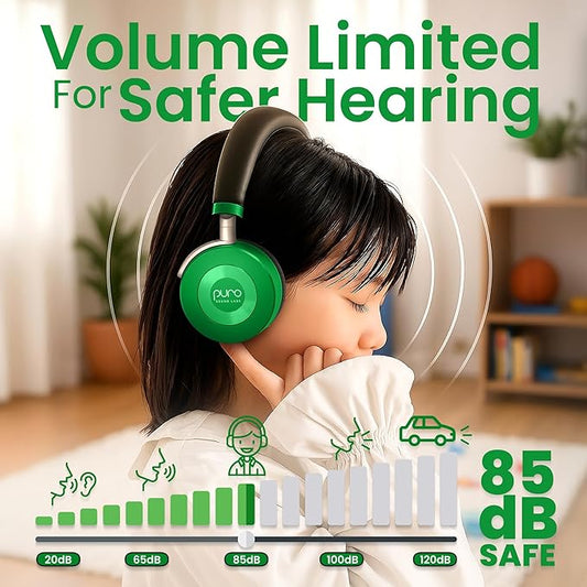 Puro Sound Labs JuniorJam Plus Volume-Limiting Wireless Bluetooth Headphones for Kids, Secure Audio with Adjustable On-Ear Design, 22-Hour Battery, Ideal for Tablets, Smartphones & PCs - Green