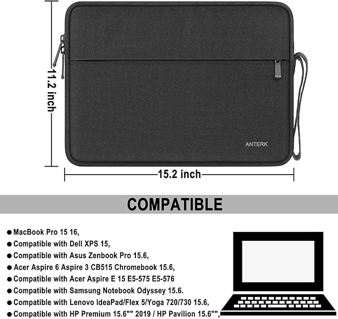 Laptop Sleeve Case 15.6 Inch, Water Resistant Shockproof Protective Computer Cover with Handle, Traveling Carrying Bag with Pocket, Portable Laptop Case Compatible for HP, Dell, Asus, Lenovo, Black