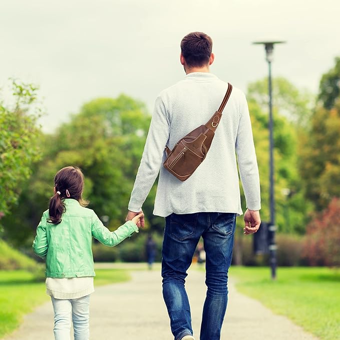 Leather Cross-body Sling Bag Casual Daypack Backpack Chest Shoulder Multi-Purpose Timeless Design Small Men (Dark Brown)