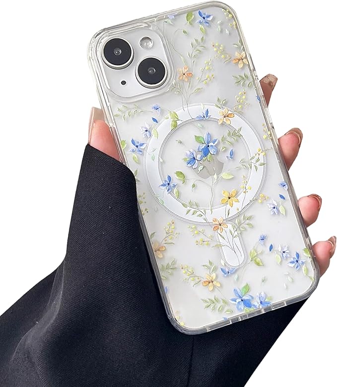 ZTOFERA for iPhone 15 Magnetic Case Compatible with Magsafe,Aesthetic Floral Pattern Design Cute for Girl Women,Anti-Drop Protective Hard Phone Cover for iPhone 15-Blue Flower