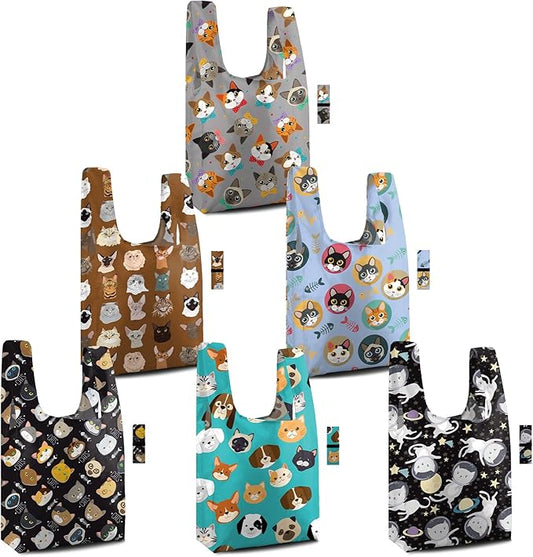 BeeGreen Reusable Grocery Bags 6 Pack - Foldable, Heavy Duty Shopping Tote Bags with Zipper Pouch, Large Capacity (50+ Lbs), Animal Prints Designs for Women & Men, Machine Washable