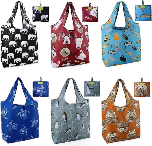 BeeGreen Heavy Duty Bulk Large Reusable Grocery Bags 6 Pack - Foldable Sturdy Recycled Cloth Animal Print Shopping Totes with Handles -Reusable Gifts Bags for Groceries, Travel, Storage & Women